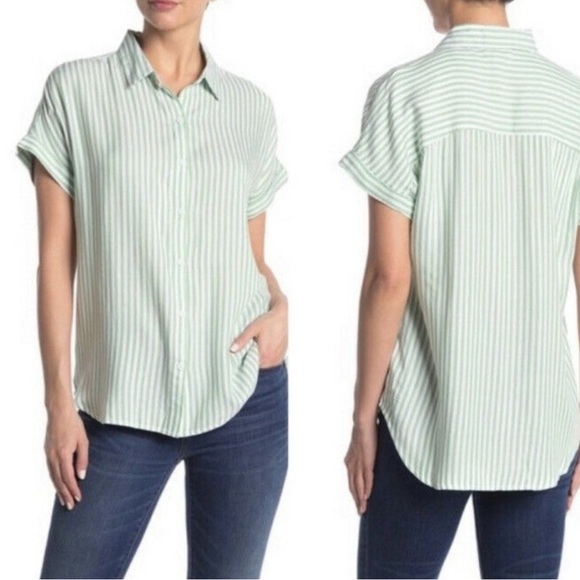 BeachLunchLounge Mint Green Striped Short Sleeve Button-up Shirt - Size L - Picture 1 of 6